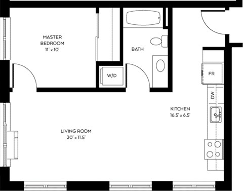 Floor plan for 1 bed, 1 bath, 664 sqft
